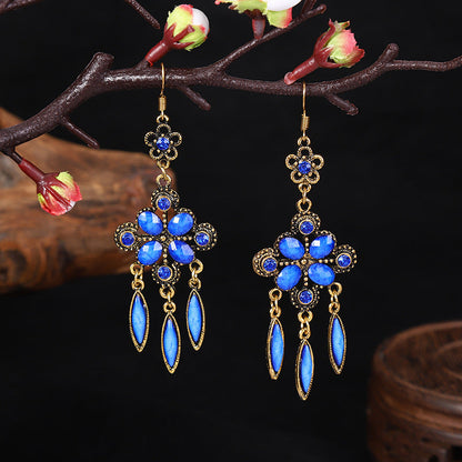 New Vintage Ethnic Accessories Diamond-Shaped Hole Blue Cutout Long Fringed Earrings With Women'S Diamond-Set Alloy Earrings