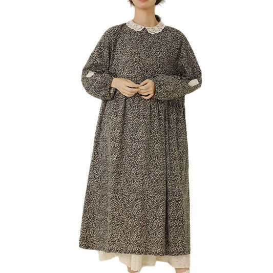 Sweet A-Line Floral Cotton Linen Long Sleeve Dress