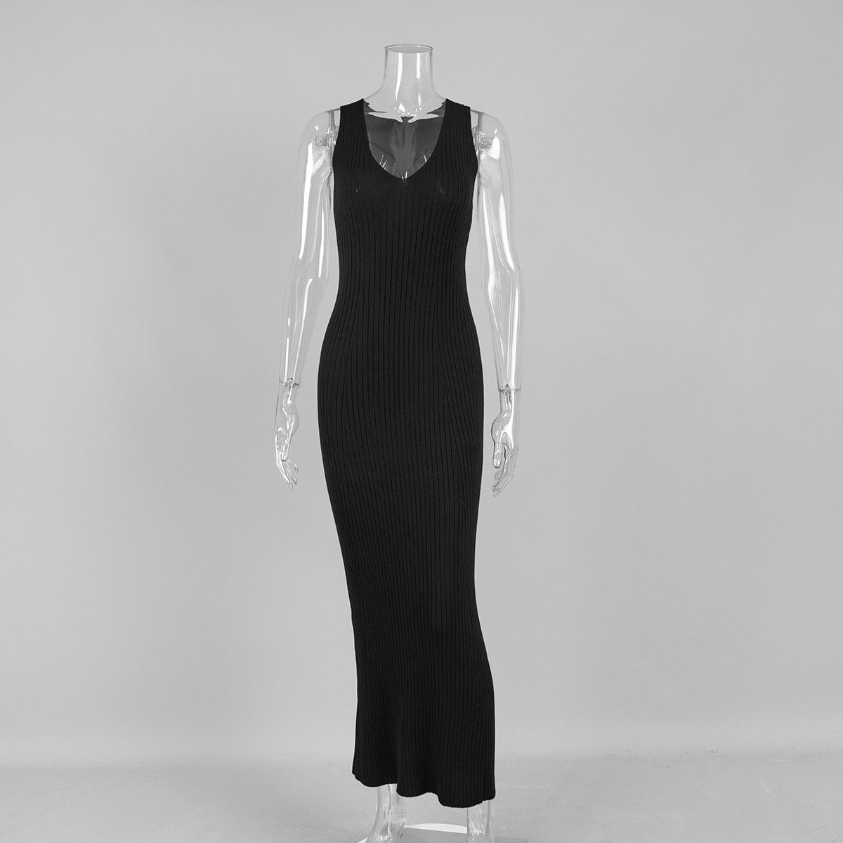 Bodycon Knit Maxi Dress Casual Sleeveless Round Neck Dress
