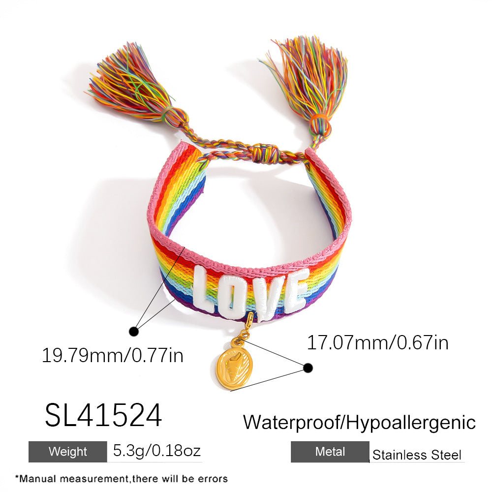 Adjustable Woven Bracelet with Rainbow LOVE Tassels