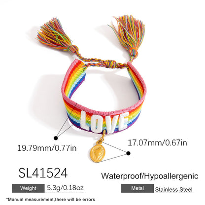Adjustable Woven Bracelet with Rainbow LOVE Tassels