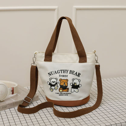 Cute Bear Canvas Tote Bag Portable Lunch Bag for Daily Use