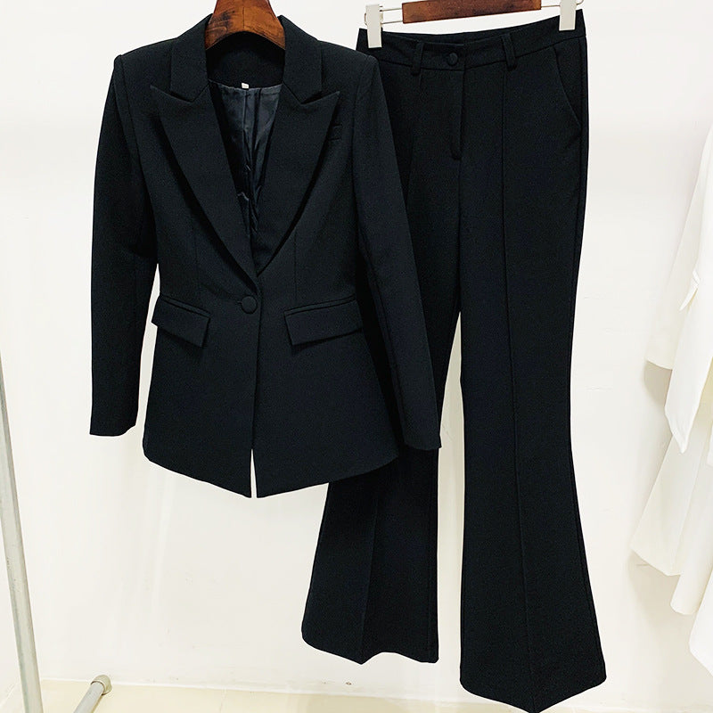 Chic One-Button Blazer And Flare Pants Set
