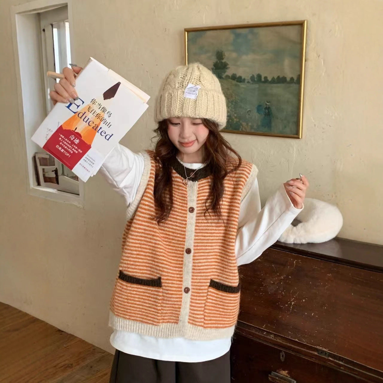 Color Block Striped Knit Vest for Women Casual Chic