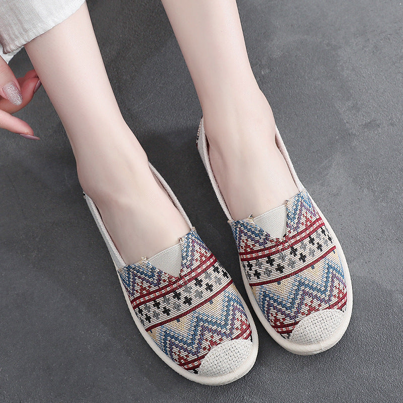 Ethnic Stripe Cloth Shoes Breathable Flat Sole Women'S Single Shoes With One Step Lazy Canvas Shoes