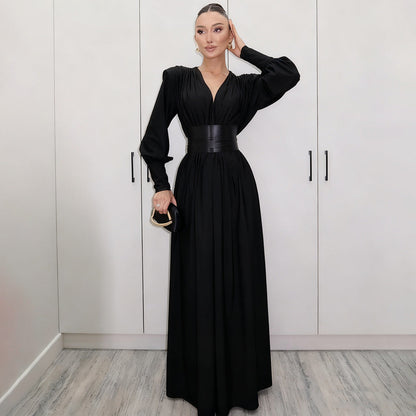 French Elegant Vintage V-Neck Loose Maxi Dress With Waist Belt