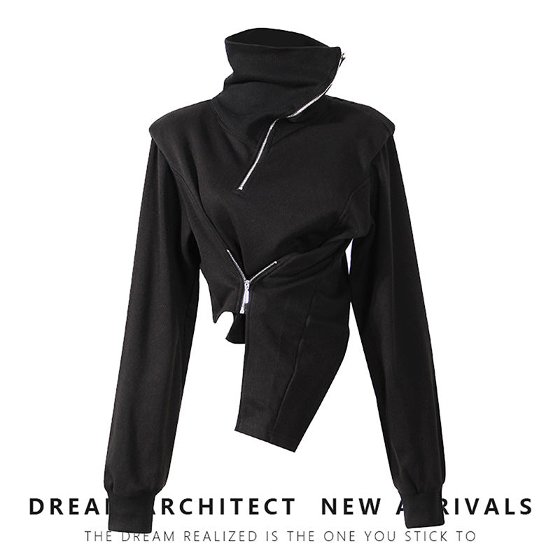 High Neck Cropped Sweatshirt With Asymmetric Hem