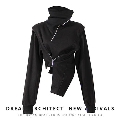 High Neck Cropped Sweatshirt With Asymmetric Hem