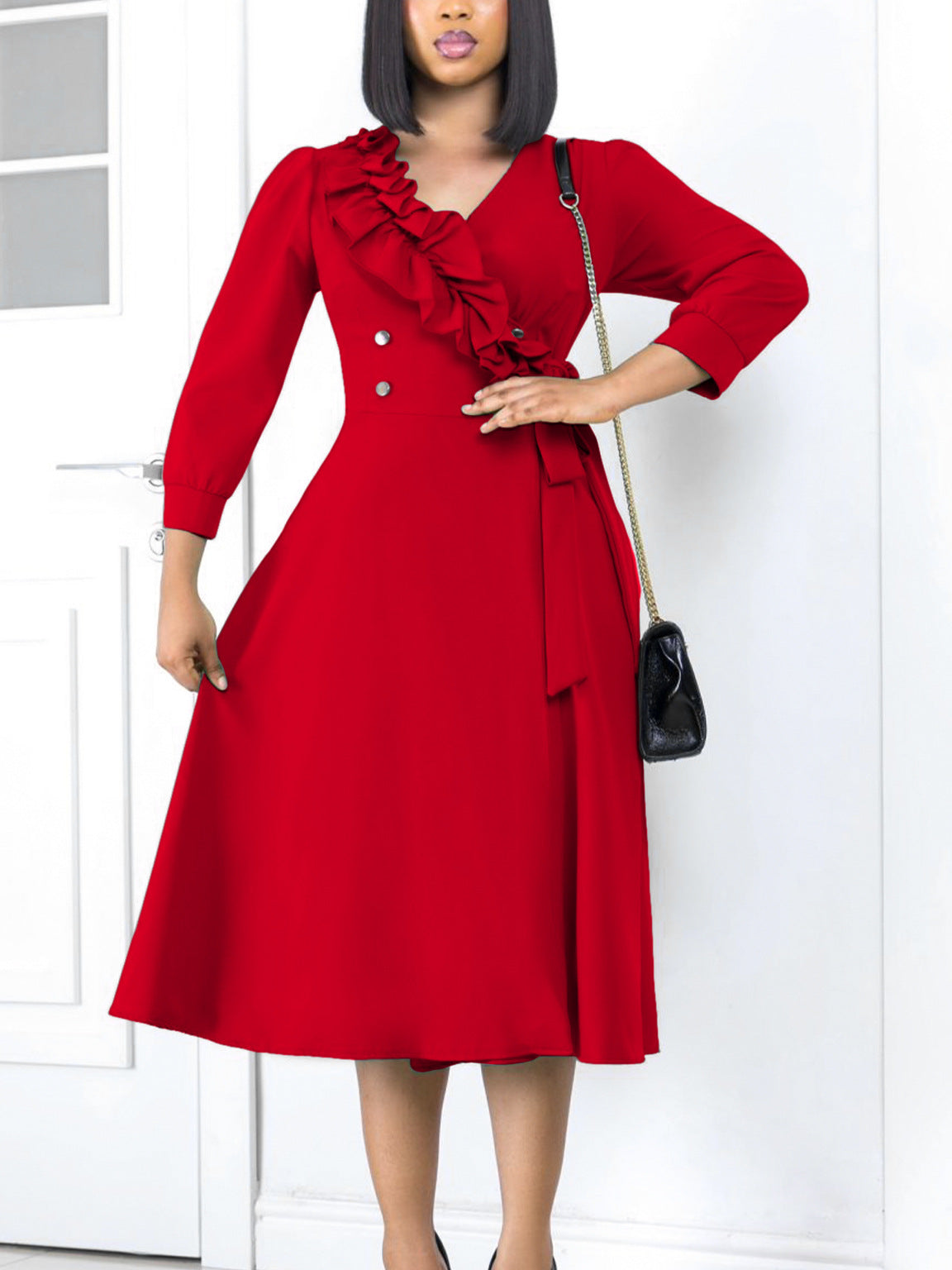 V-Neck Pleated High Waist A-Line Dress