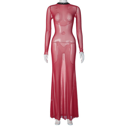 Fashionable Trendy Long Sleeve Sheer Backless Maxi Dress