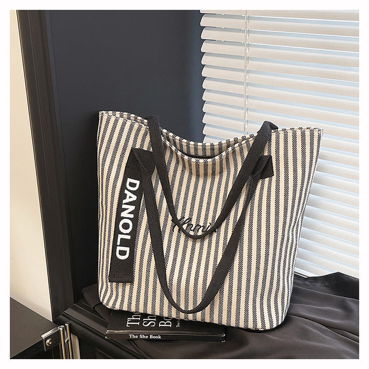 Stylish Stripe Canvas Tote Bag Large Capacity Casual Commuter Bag
