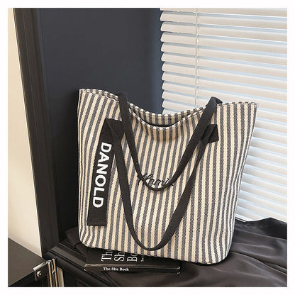 Stylish Stripe Canvas Tote Bag Large Capacity Casual Commuter Bag