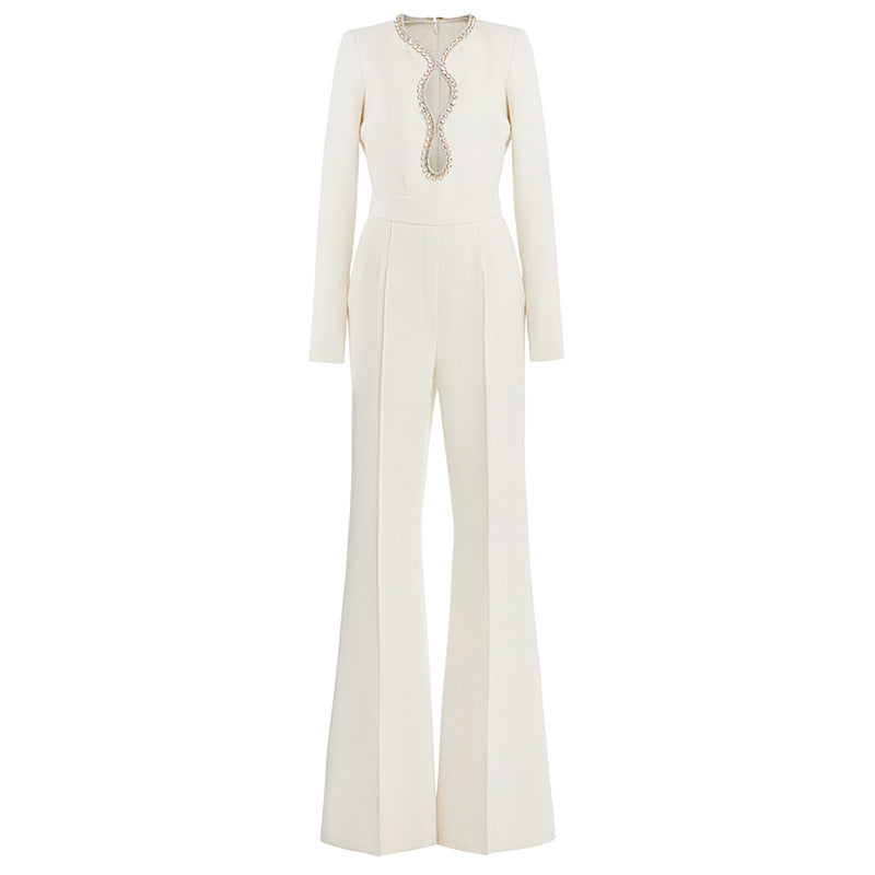 Heart Shaped Hollow Rhinestone Long Sleeve Jumpsuit Style