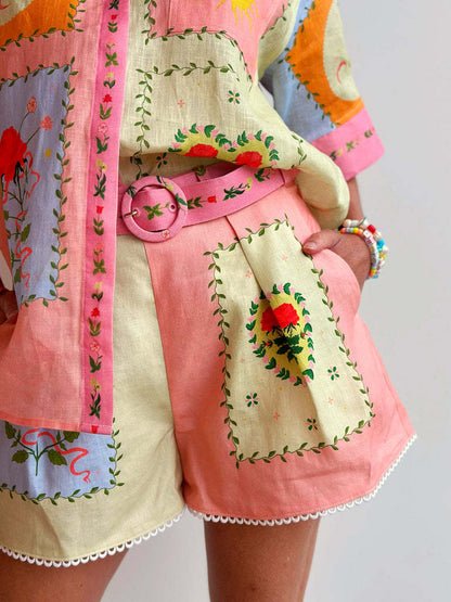 Elegant Floral Linen Shorts Set with 3D Patterns