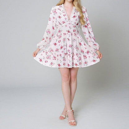 Floral Lace Short Dress With V-Neckline and Lantern Sleeves