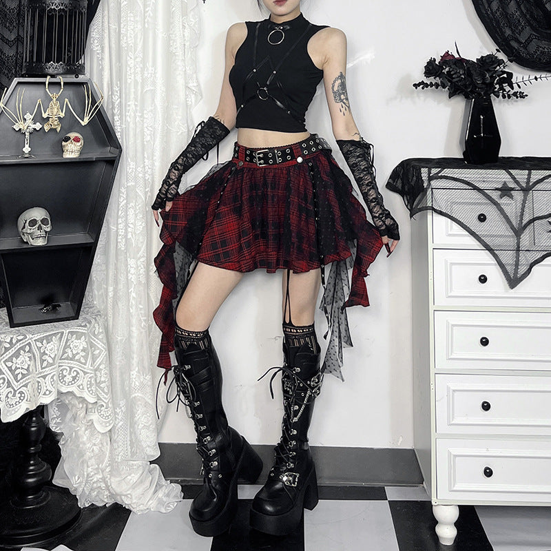 Black Checkered Polka Dot Mesh Mini Skirt