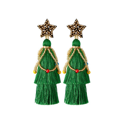 Ethnic Style Fringe Christmas Earrings, New Long Exaggerated Lightweight Rice Beads, Five-Pointed Star Hand-Woven Earrings