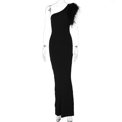 Elegant One-Shoulder Feathered Maxi Dress