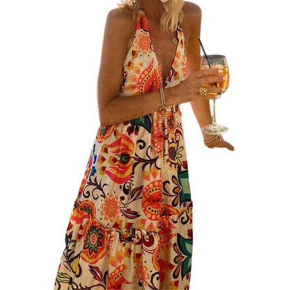 Summer New Style Fashion Deep V Halterneck Open Back Sleeveless Print Resort Beach Dress