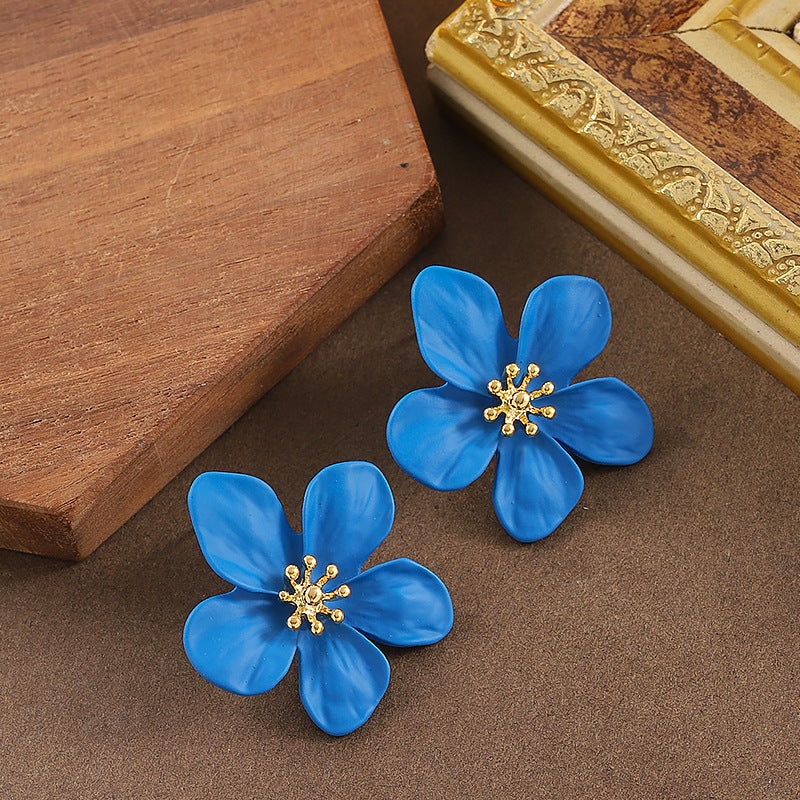 18K Gold Plated Fashion Klein Blue Floral Stud Earrings