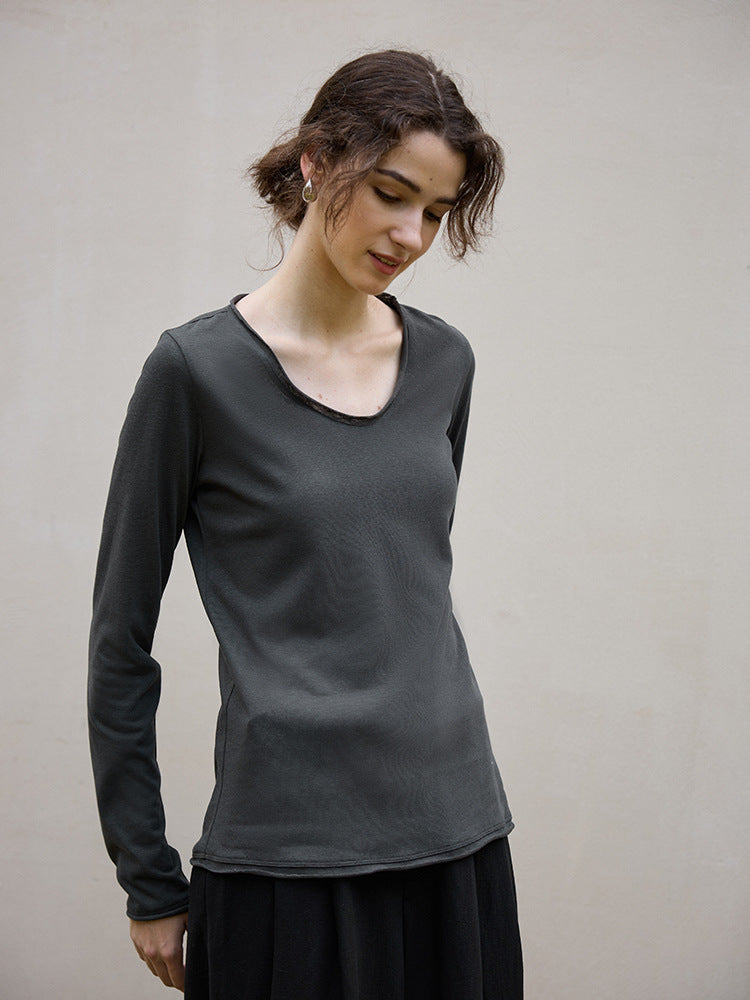 Classic U-Neck Long Sleeve Knit Top in Cotton-Linen Blend