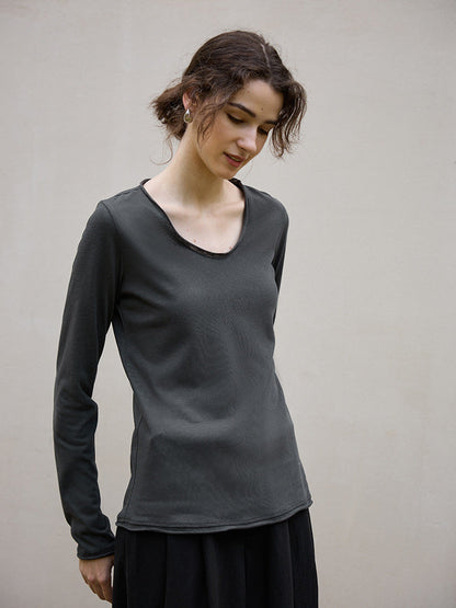 Classic U-Neck Long Sleeve Knit Top in Cotton-Linen Blend