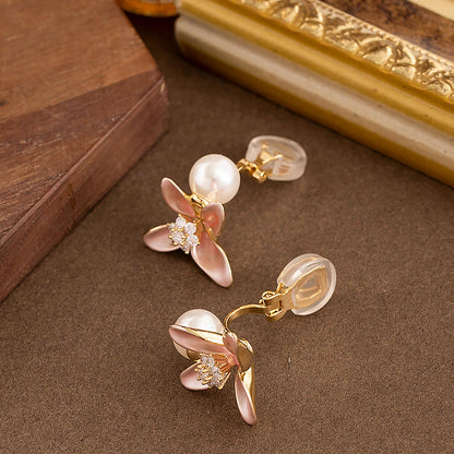 Dopamine Pink Enamel Flower Clip-On Earrings With Pearls
