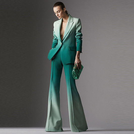 Fashionable Gradient Color Blazer And Flared Pants Set