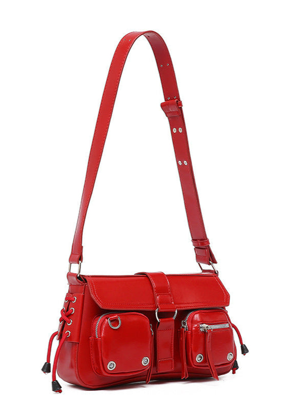 Utility Buckle Shoulder Bag Faux Leather Red