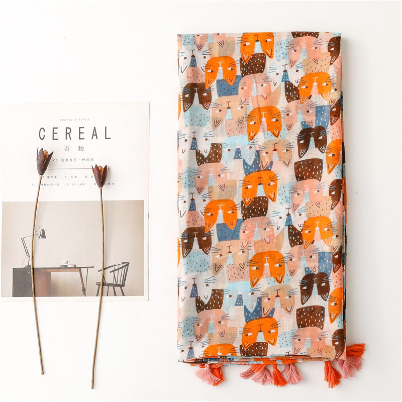 New Spring And Summer Fresh And Sweet Cartoon Cat Cotton And Hemp Scarf Balinese Thin Scarf Shawl