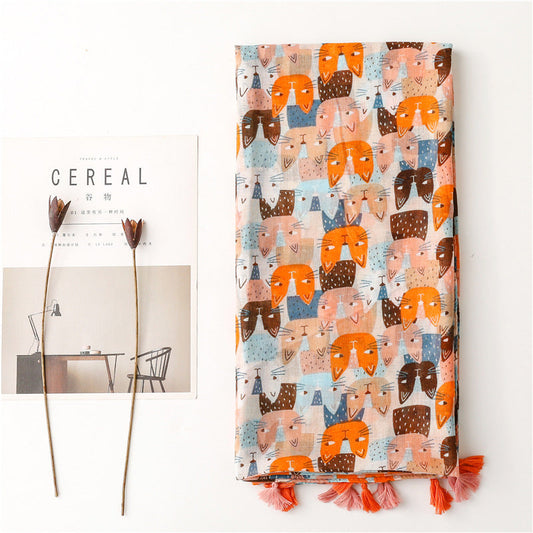 New Spring And Summer Fresh And Sweet Cartoon Cat Cotton And Hemp Scarf Balinese Thin Scarf Shawl