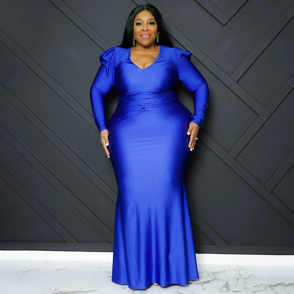 Sleek Solid Color Long Sleeve V-Neck Dress For Night Out