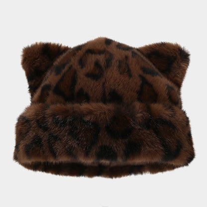 Retro Fluffy Leopard Cat Ears Warm Beanie Cap