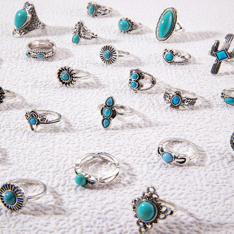 Vintage Geometric Turquoise Ring Set Alloy Fashion Jewelry