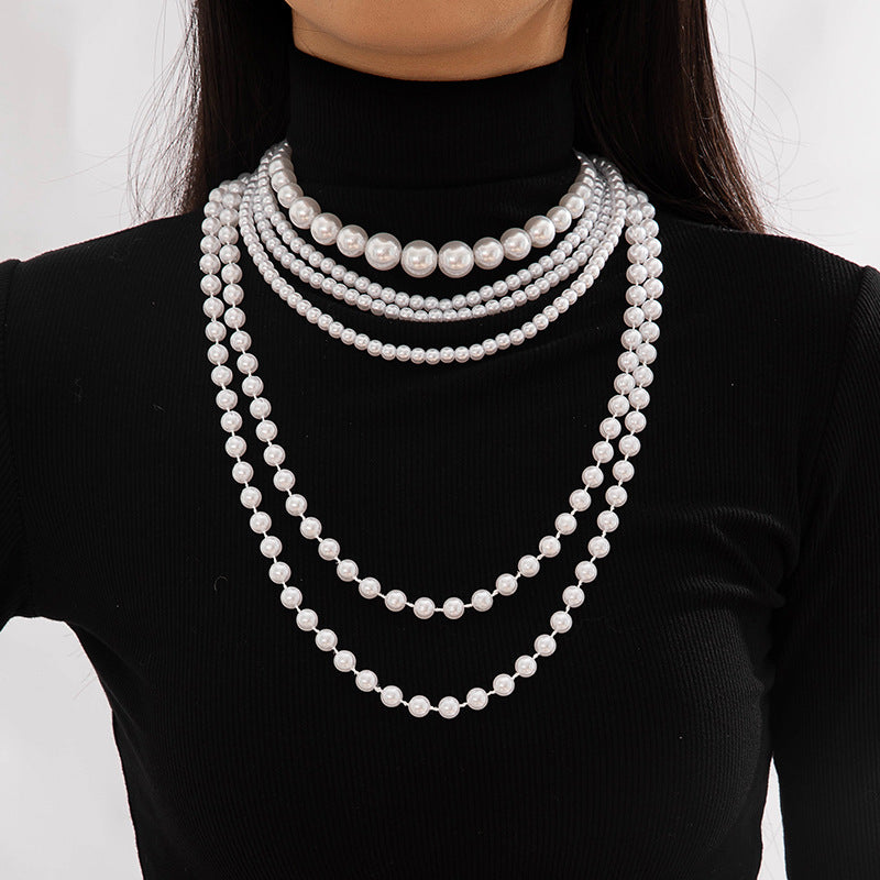 Fashionable Vintage Geometric Bead Necklace With Pearl Layered Design