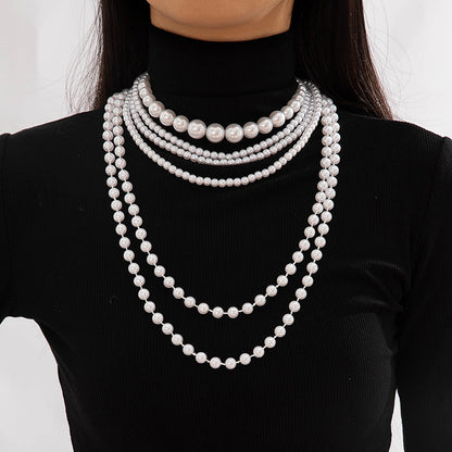 Fashionable Vintage Geometric Bead Necklace With Pearl Layered Design