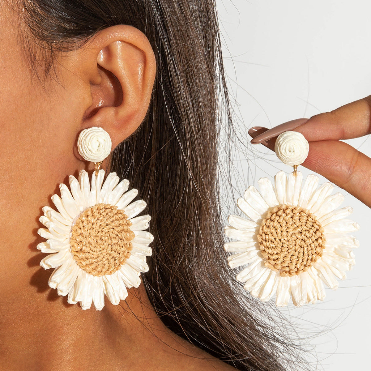 Handmade Woven Raffia Vacation Earrings Floral Design
