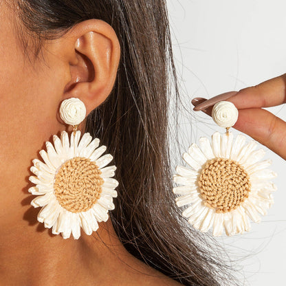Handmade Woven Raffia Vacation Earrings Floral Design