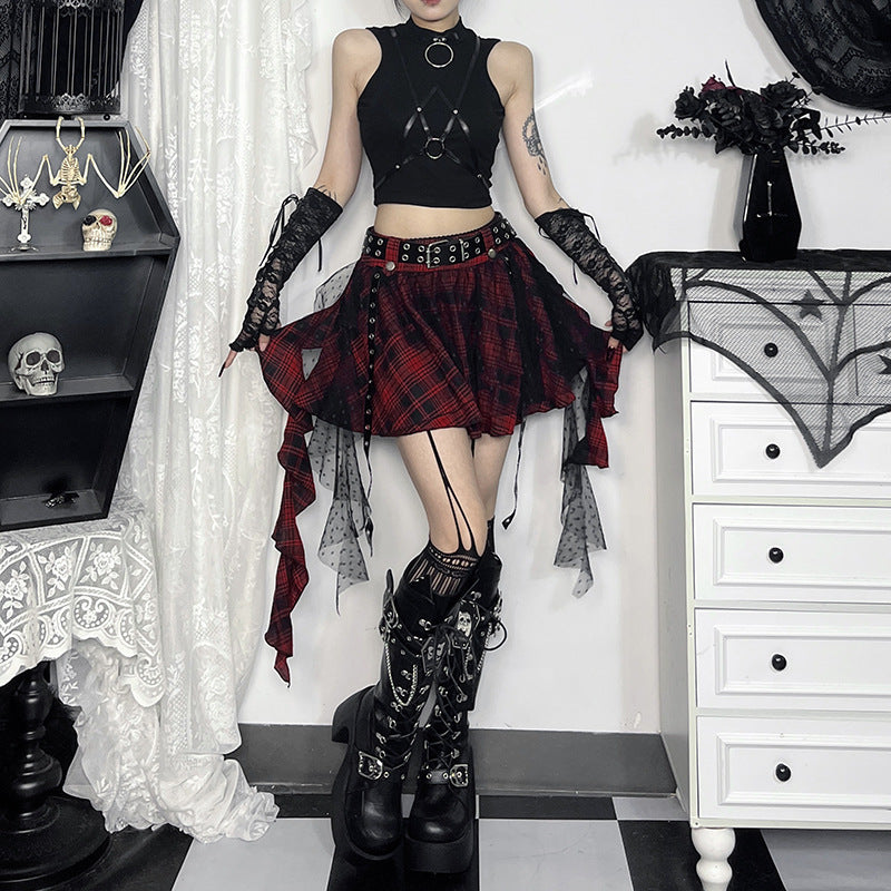 Black Checkered Polka Dot Mesh Mini Skirt