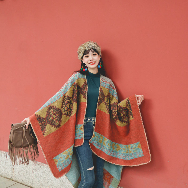 Spring And Autumn Ethnic Style Cape Travel Warm Tibet Imitation Cashmere Cape Oversized Cape Scarf
