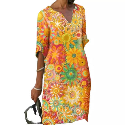 Two-Tone Printed V-Neck Loose Bamboo Dress