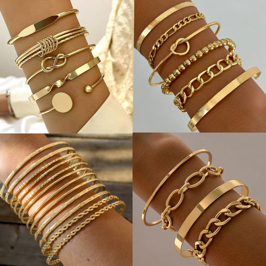 Vintage Geometric Open-Cuff Gold Bracelet Set