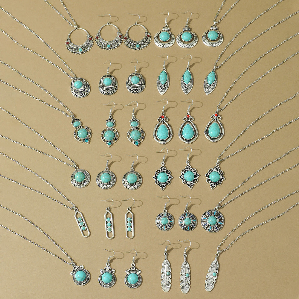 Bohemian Geometric Earrings and Necklace Set with Turquoise Accents