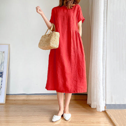 Cotton And Linen Solid Color Plus Size Dress Women'S Summer Loose Japanese Mid-Length Skirt Women
