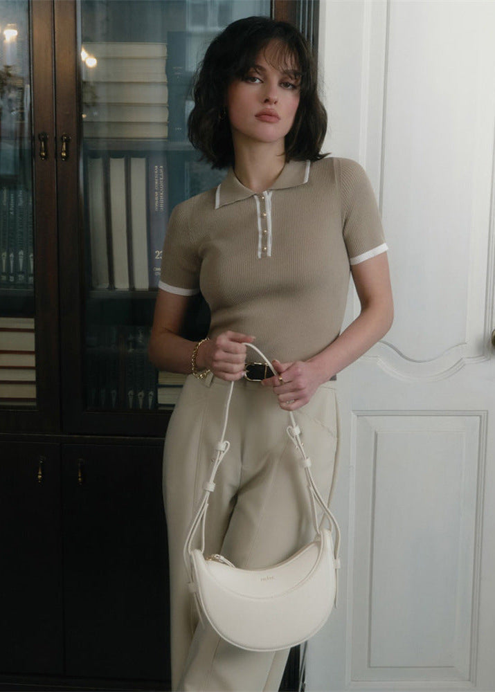 Ribbed Knit Polo Top with Contrast Trim