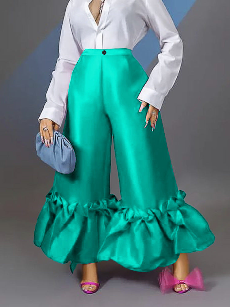 Women'S High Waist Loose Design Ruffle Wide Leg Pants Long Pants