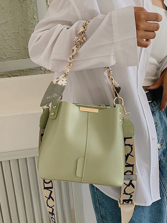 Trendy Candy Color Bucket Bag with Scarf Detailing