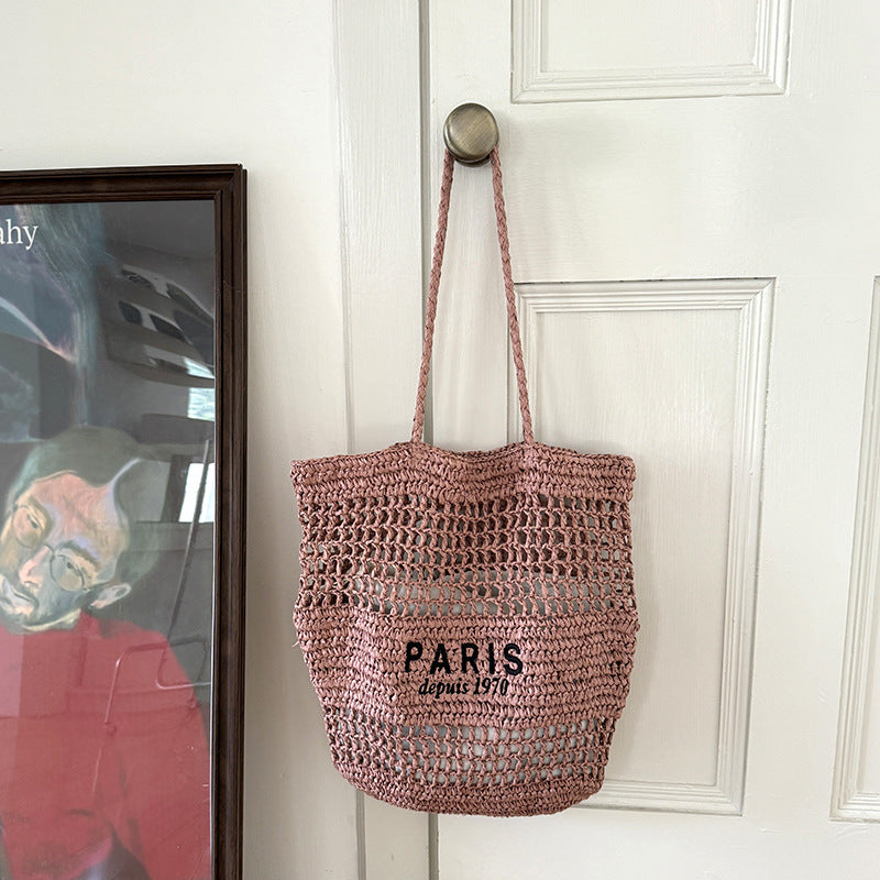 Letter Embroidery Straw Shoulder Bag Large Capacity Beach Tote