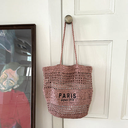 Letter Embroidery Straw Shoulder Bag Large Capacity Beach Tote