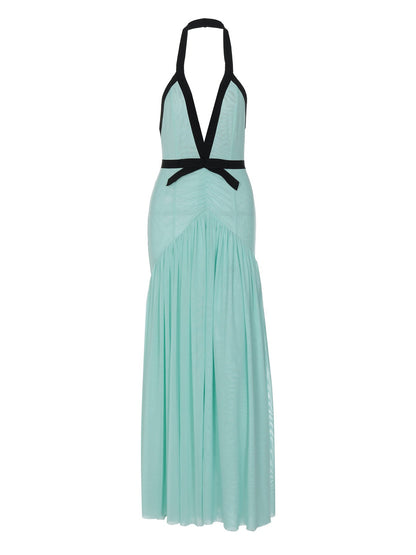 Sexy Deep V Neck Halter Lace-Up Backless Mesh Color Block Maxi Dress